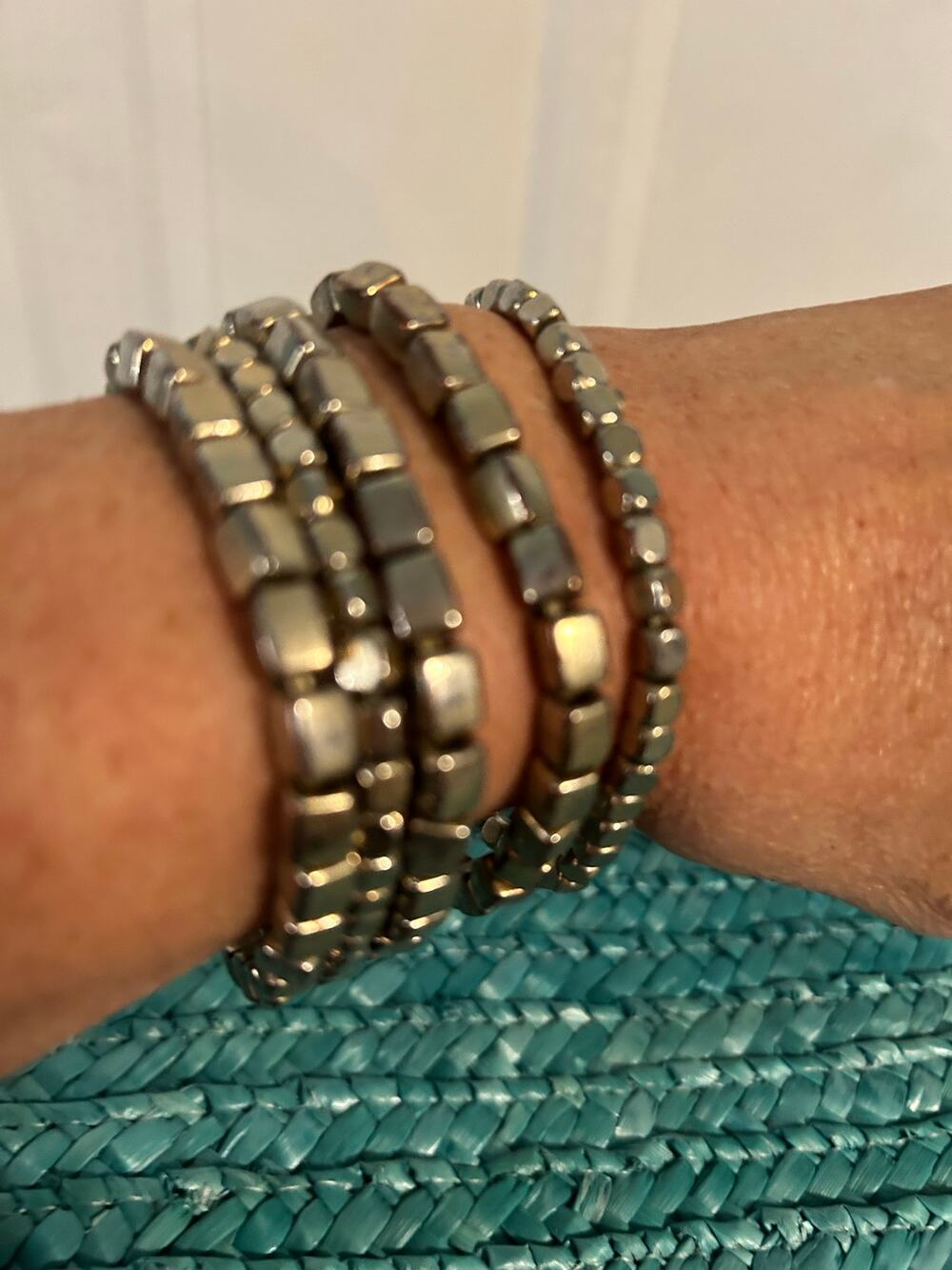 Lot of 5 Chunky Silver Tone Stretch Bracelets Heavy Metal Stacker Set